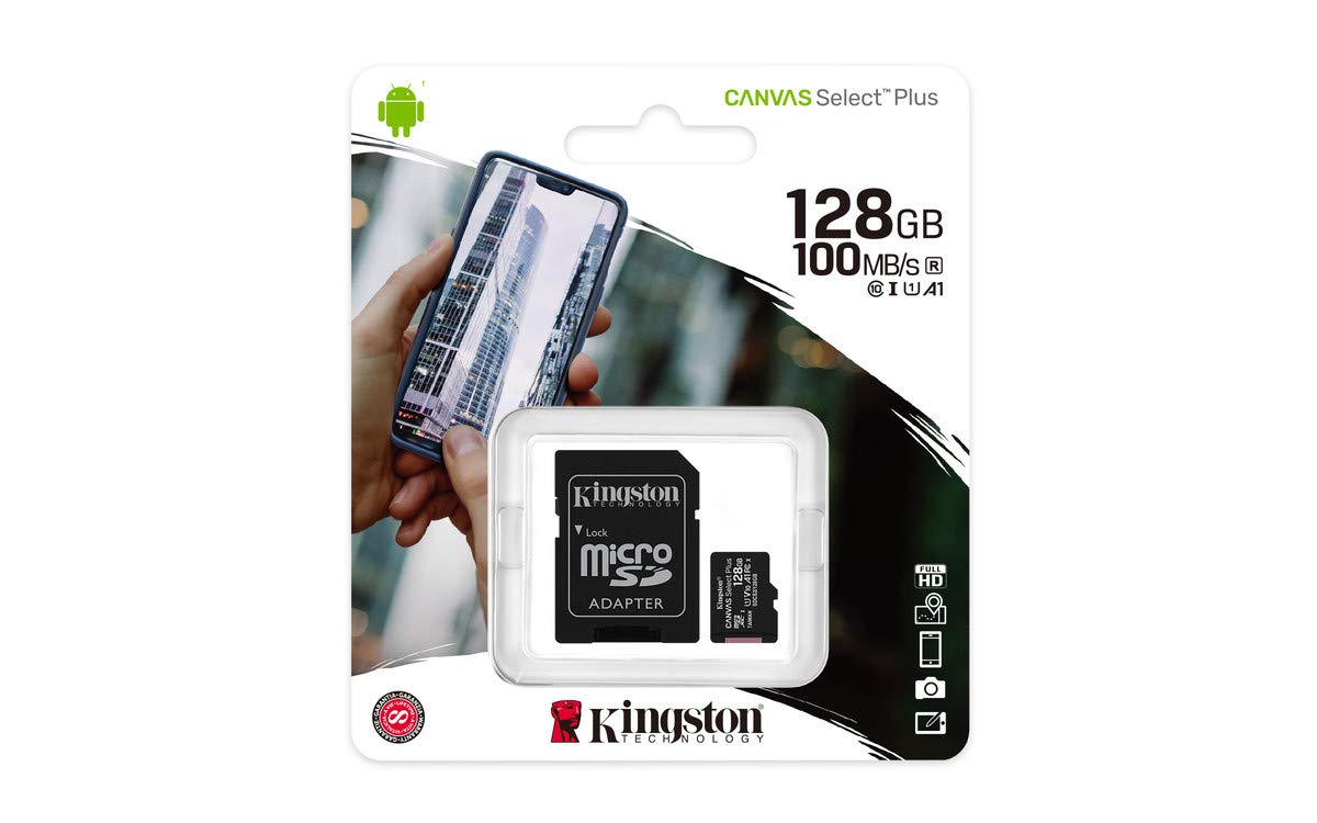 Kingston Canvas Select Plus karta microSD 128 GB, klasa 10, UHS-I, prędkość do 100 MB/s z adapterem (SDCS2/128GBIN), czarna