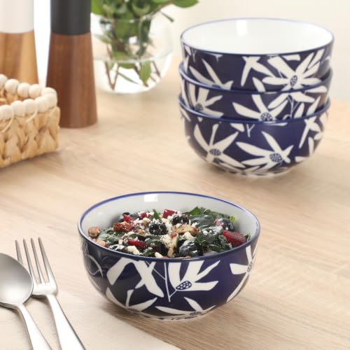 Image of Gibson Home Ivory Estate 4-Piece Cereal Bowl Set, 5.5 Inch Round Stoneware Bowls, Blue & White Floral Pattern, Assorted Decorative Designs