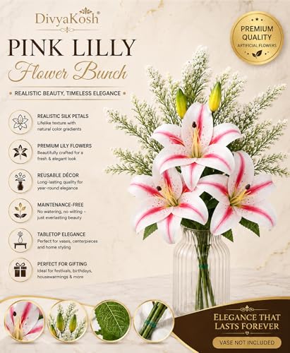 Image of Divyakosh Artificial Flowers Bunch (Vase Not Included). Artificial Flower for Vase Flower Bouquet Gift Pink Lily Arrangement for Living Room Dining Table Office Decor