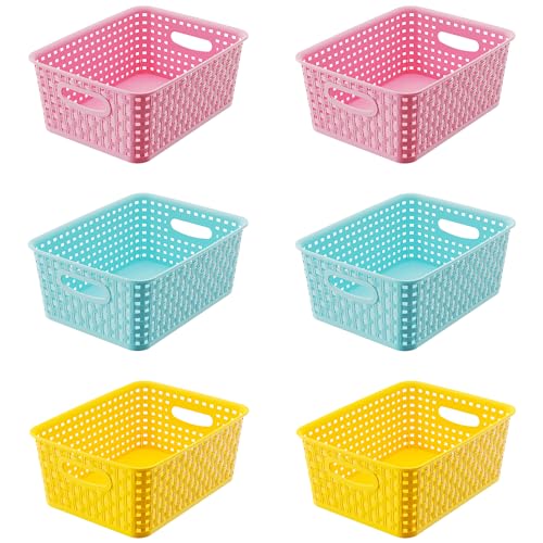 JUJIAJIA Colorful Small Plastic Storage Woven Baskets, 6 Pack Versatile Shelf Organizer Weave Baskets for Classrooms, Children's Rooms & Pantries, Pink/Yellow/Blue-10x7.5x4 inch