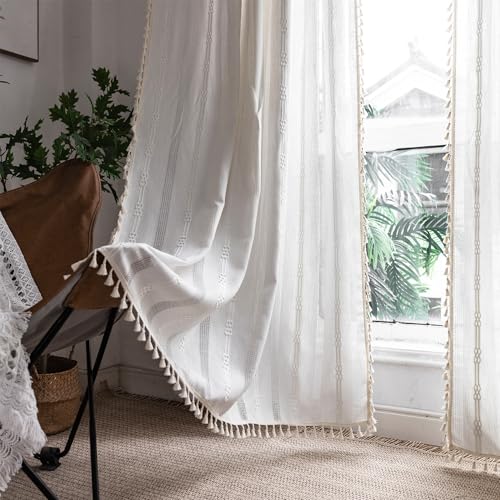 Lot de 2 Rideaux de fenêtre Semi-occultants de Style bohème avec Pampilles en Lin et Coton avec Pompons Blancs cassés filtrant la lumière pour Chambre à...