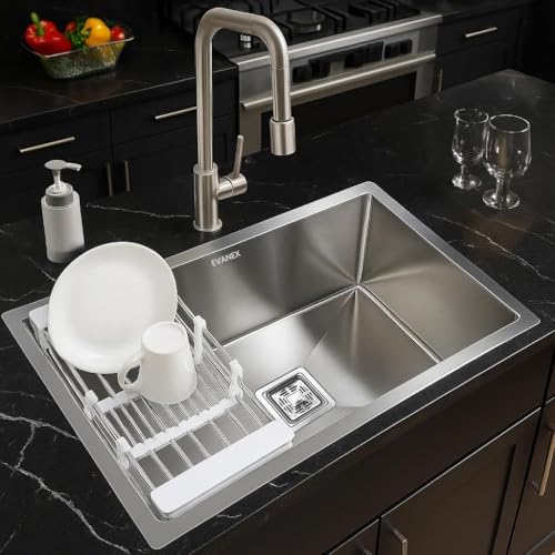 Image of EVANEX Handmade Single Bowl Kitchen Sink - 30x18x10 inches|304 Stainless Steel Sink with Matte Finish| Kitchen Sink Including Coupling, Waste Pipe & Vegetable Washing Basket|Sink for Kitchen Basin