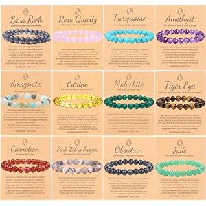 SONNYX 12 Pcs Healing Crystal Stone Bracelets for Women Men Semi-Precious Gemstone Bracelets 8mm Stone Beaded Bracelets Round Beads Stretch Bracelet Jewelry Gifts
