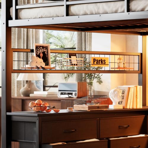 Image of Bellemave Queen loft Bed with Storage Stairs, Wardrobe, Shelves, Metal Queen Loft Bed Frame for Adults, Kids, Teens, Black