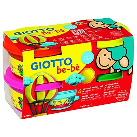 GIOTTO be-bè Soft Modelling Dough Kids, Pack 4 Assorted Colours Dough Pots (Red, Yellow, Magenta and Green) Cover