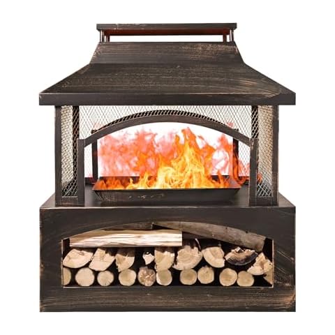 Red Mountain Valley 37in Outdoor Wood Burning Fireplace,2-in-1 Large Fire Pit with Log Grate and Poker for Outside,Outdoor Chimney Fireplace with Firewood Racks Storage for Patio, Garden and Backyard Cover