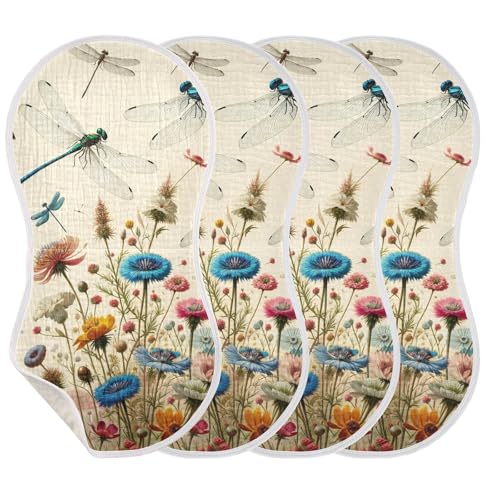 Muslin Burp Cloth for Baby 4PCS Vintage Dragonflies Flowers Super Absorbent Burping Cloths, Bibs for Newborn Boys Girls