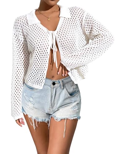 Image of Womens Tie Front Crochet Cardigan Sweaters Lightweight Hollow Out Beach Cover Up Long Sleeve Collared Summer Shrug