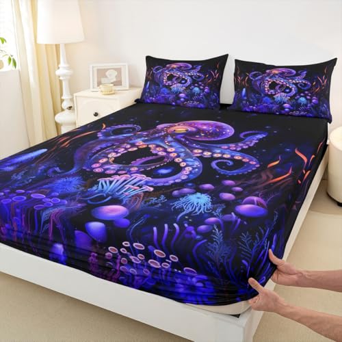 feelingyou Chapa de pulpo luminosa, tamaño S, misterio, mundo submarino, 1 funda de almohada Lovely Marine Life Lila Juego de ropa de cama para niños