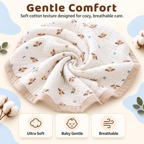 Image of StarAndDaisy Muslin Cotton Blanket 110 x 110 cm, Soft Lightweight Blanket with Cute Puppy Print, Breathable Muslin Wrap for Newborns, Infants and Toddlers.