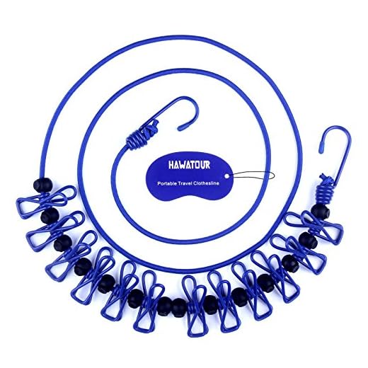 HAWATOUR Portable Travel Elastic Clothesline Adjustable Clothesline with 12pcs Clothespins for Outdoor and Indoor Use (Blue)