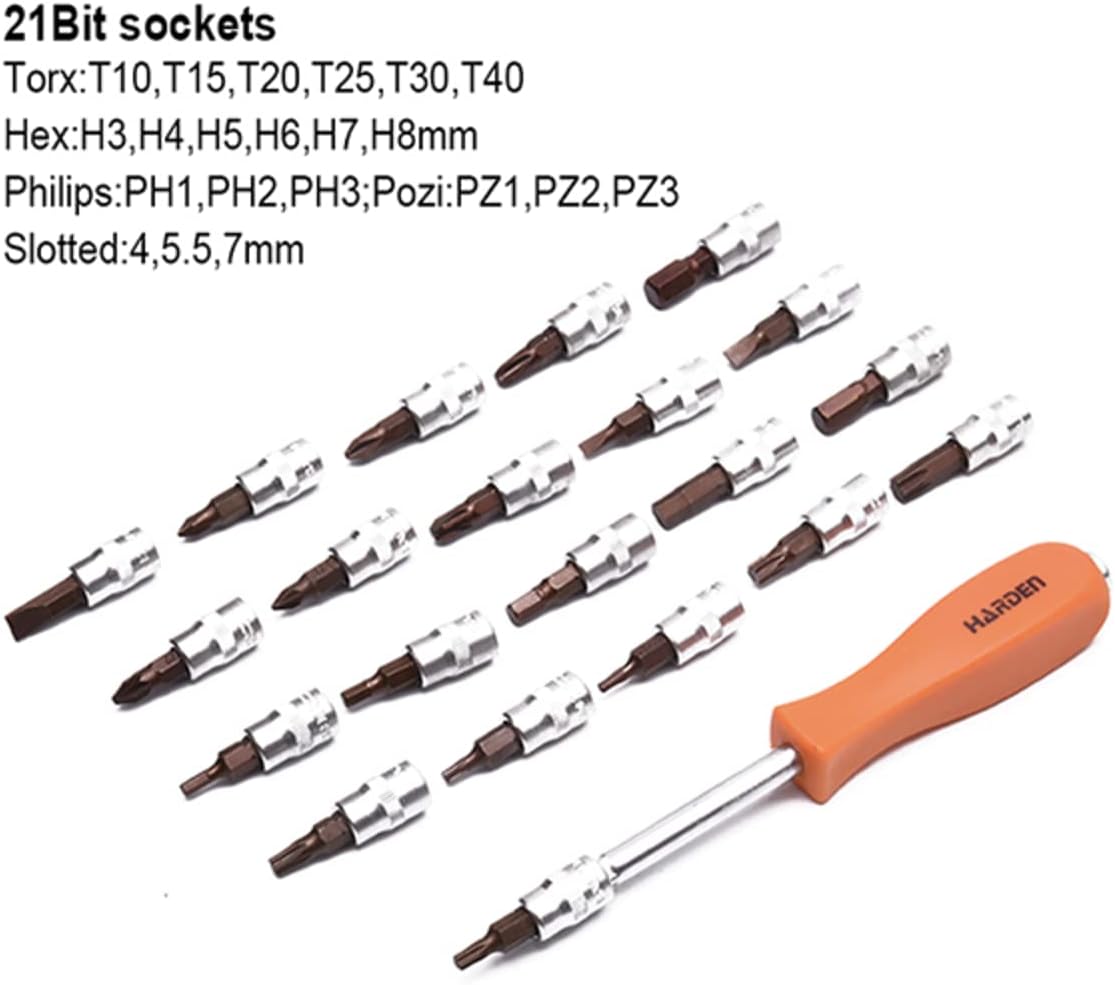 Edward Tools Harden 1/4” Drive Socket Wrench Set - 46 Pieces including 1/4” Ratchet Wrench, Spinner Handle, Socket Bits, Extension Bar, Universal Joint, Bit Adapter, Hex Key Wrenches