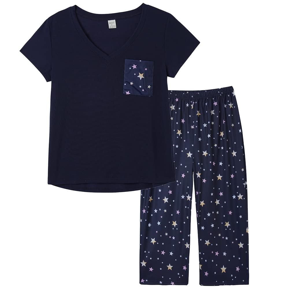 HONG HUIWomen's Capri Pajama Sets Plus Size Pjs Top with Capri Pants 2 Piece Sleepwear Set