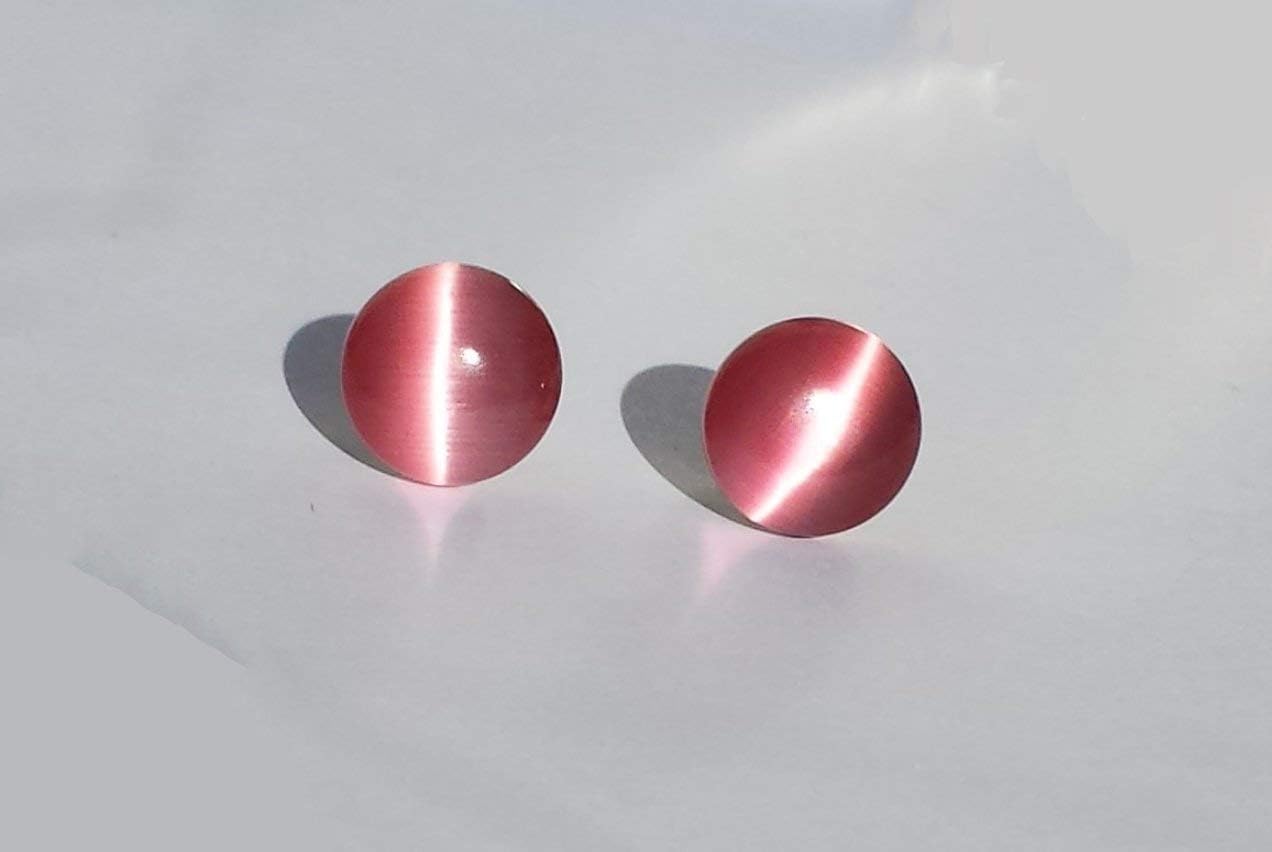 Pink cat eyes glass Silver stud earrings