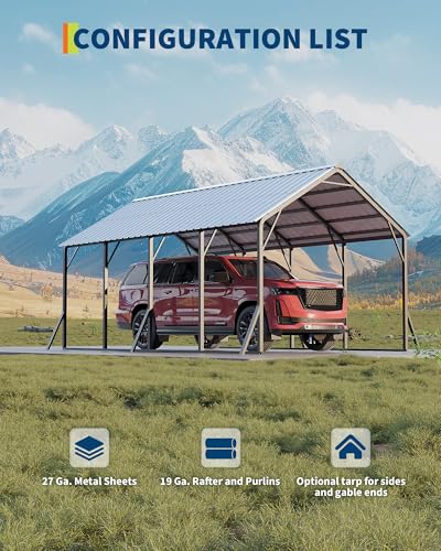 Image of GarveeLife 13x21 ft Metal Carport with Vertical Roof, Heavy-Duty Metal Car Port with Reinforced Frame, Steep-Pitch Roof Design, High-Clearance for Full-Sized Pickup, White