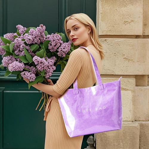Image of KALIDI PVC Zipper Tote Bag, Jelly Kraft Paper Beach Bag Large Hobo Carry All Travel Shopping Handbag Plastic Shoulder Bag