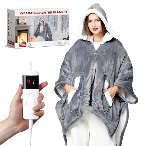 UNIKOME Wearable Heated Throw Blanket Electric Shawl，Christmas Birthday Gifts for Grandma,Mom,Elderly Women,Heated Robe Hoodie with 10 Heating Levels & 1-8 Hours Time Settings,50 x 60 Inch, Grey