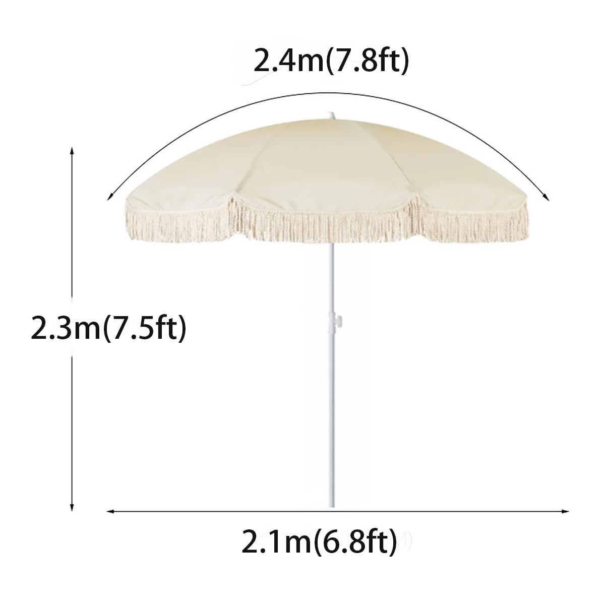 Beżowy parasol z frędzlami, parasole plażowe Boho, parasol ogrodowy Patio z beżowym parasolem z frędzlami, 12 wytrzymałych żeber, do basenu ogrodowego (bez podstawy)