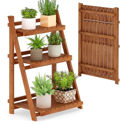 Giantex Foldable Ladder Plant Shelf, 3-Tier Solid Wood Indoor Outdoor Flower Pot Display Rack, Corner Storage Bookshelf, Freestanding Tiered Plant Stand for Garden Patio Balcony, No Assembly