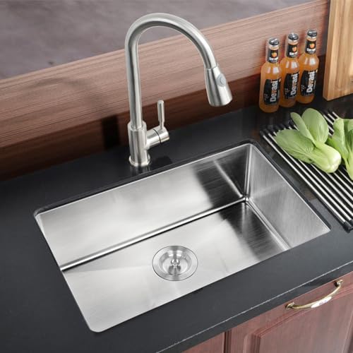 Image of 28 Inch Undermount Kitchen Sink, 28 x 18 Stainless Steel 16 Gauge 9 Inch Deep Single Bowl Basin Commercial Outdoor Kitchen Sink with Strainer