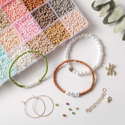 Image of SANNIDHI DIY Jewelry Making Bead Kit, 24-Color Glass Seeds Beads Set with Letter Beads, Pearl & Shell Beads, Gold Charms, Findings, String & Tools for Bracelets, Necklaces, Earrings and Anklets