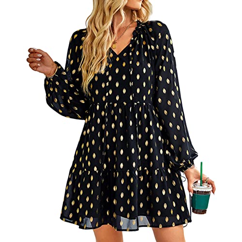 Robe à manches longues à col en V et cordon de serrage pour femme, robe décontractée à pois pour femme, robe Midi décontractée pour femme, robe ample pour femme, Noir , Large Cover