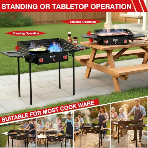 Image of Bestfire 2 Burner Propane Stove, 150,000 BTU High Pressure Camping Burner with Windscreen, Side Shelves, Removable Legs, CSA Certified for Outdoor BBQ Backyard Cooking