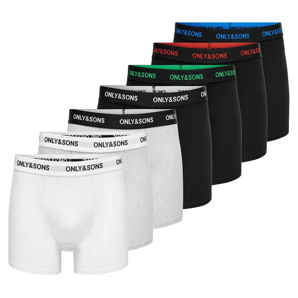 ONLY & SONS Men's ONSFITZ SOLID BLACK TRUNK 7-PACK NOOS Boxer Shorts, Black/Detail:4 BLACK 1 WHITE 2 MGM,