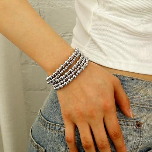 Badu silver Bracelet stack for Women silver Plated Beaded Bracelets Gold Stretch Bead Ball Bracelet stack Set Adjustable Jewelry