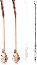 2Pcs Removable Stainless Steel Straw Filter Spoon with 2 Cleaning Brush, Yerba Mate Bombilla Straw, Reusable Metal Straw Spoon Cocktail Stirrer for Drinking Loose Tea, Ice Coffee, Rose Gold