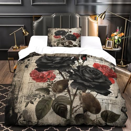 Funda nórdica de rosa negra microfibra cama individual 135x200 con fundas de almohada 4