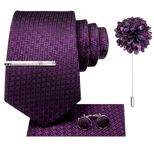 Image of Hi-Tie Plaid Dark Purple Silk Ties Set for Men Classic Neckties and Pocket Square Lapel Pin Silver Tie Clip Cufflinks Set Wedding Business 6PCS