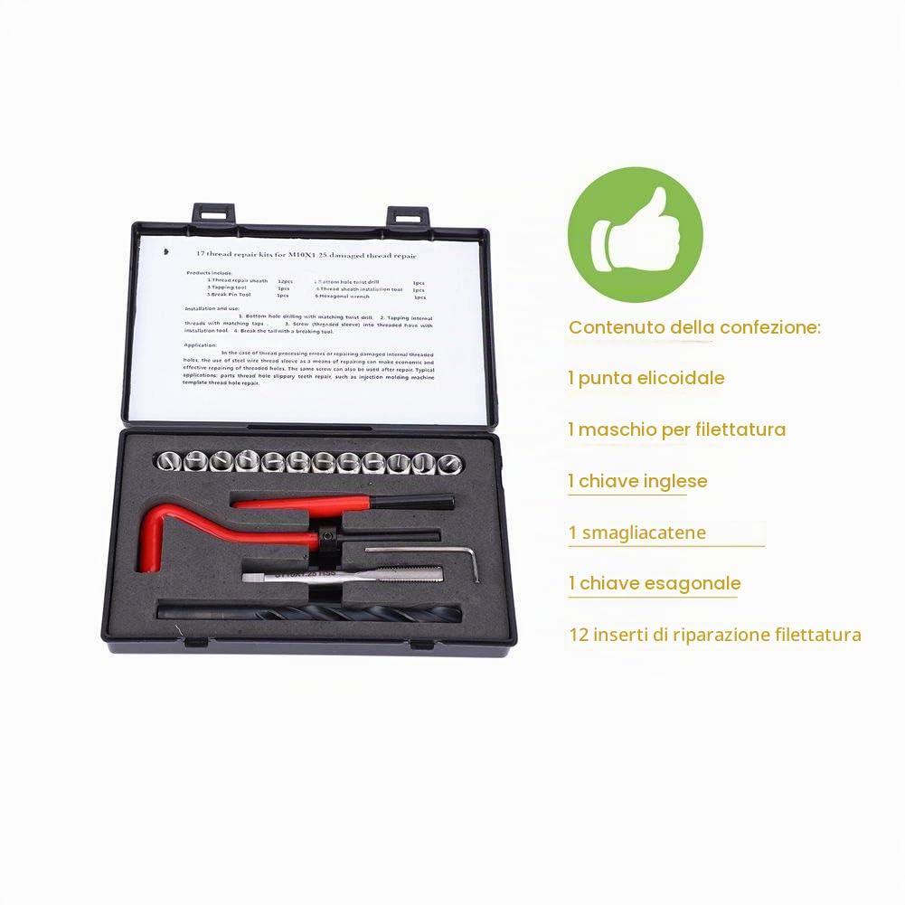 Kit di riparazione filettatura 17 pezzi,M10x1.25 utensile inserti filettati per trapano a punta ritorta in acciaio inox, con scatola, per il trasferimento di filettatura pollici a mm