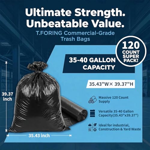 Image of 35-40 Gallon Trash Bags Unscented, 35'' x 40'', Black, 120 Count | Large 30+ Gal Garbage Bag,Plastic Can Liners,Fit 112 - 131 Liter Bins,Multipurpose for Home, Commercial Use,Yard Waste, Bulk