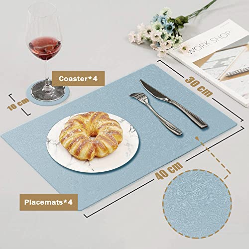 4 Silicone Placemats + 4 Non-Slip Table Coasters with Leaf Pattern Set, Heat Resistant 230 °C, Waterproof Place Mat for Kitchen, Home, Restaurant, Dining Table, 40 x 30 cm, Light Blue - Image 3