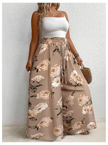 Women's Plus Size Floral Palazzo Pants Elastic High Waist Wide Leg Boho Vacation Long Trousers4