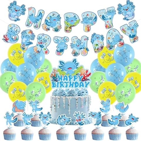 Blue Axolotl Birthday Party Supplies for Kids Boys, Cute Axolotl Theme Birthday Party Decorations with Axolotl Happy Birthday Banner, Cake Topper, Cupcake Toppers, Balloons Cover