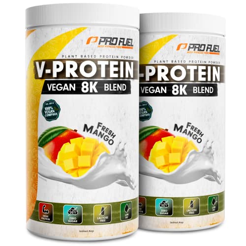 Vegan Protein MANGO 2x750g - V-Protein 8K Blend - unglaublich lecker & cremig - mit Protein aus Sonnenblume, Reis, Erbse, Hanf, Kürbis uvm. - pflanzliches Proteinpulver mit 78% Eiweiß