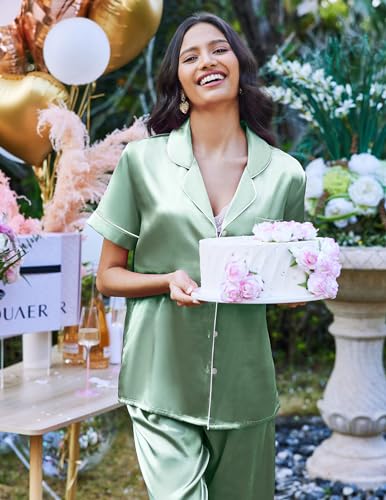 Image of Ekouaer 2 Piece Satin Short Sleeve Pajamas Set Button Down Sleepwear | Soft Pjs Set Classic Loungewear for Wedding, Party, Home, Daily Wear, Date Nights