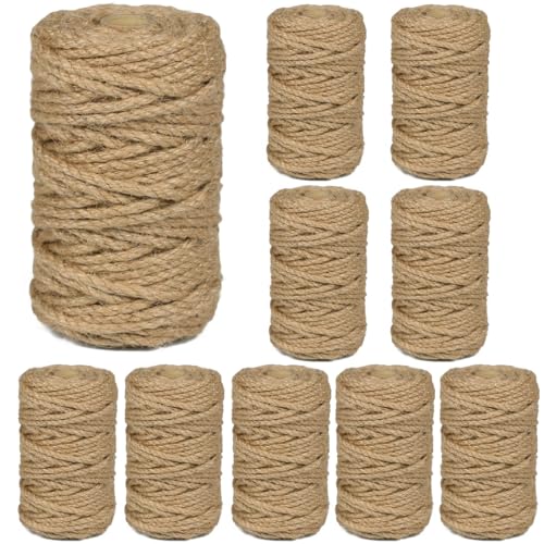 Image of 10Pack 5mm Natural Jute Twine Rope 1050 Feet Twisted Heavy Duty Thick Twine for Cat Scratching Post Tree Craft Projects Garden Home Decoration Packing Bundling (Brown-105Feet /Roll)