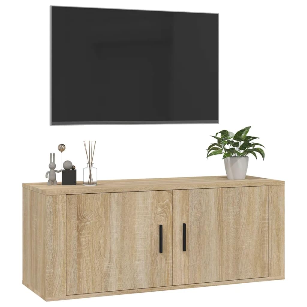 Naścienna szafka pod telewizor dąb Sonoma, 100 x 34,5 x 40 cm, pływający regał na media, wytrzymała konsola z 2 półkami, do salonu, stabilna, uniwersalna podstawka pod telewizor