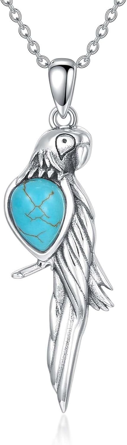 Vintage Owl/Parrot/Turtle/Phoenix with Genuine Turquoise Necklace 925 Sterling Silver Animal with Green Turquoise Pendant Necklace with 18+2 inch Chain for Women Gifts