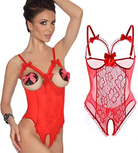 Lingerie Sexy Donna Babydoll In Pizzo - Set Erotico Con Adesivi Sul Petto Per Serate Speciali - Foto 5