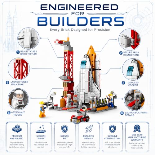 Image of Space Exploration Rocket & Launcher Building Blocks Set, 521+ PCS STEM Aerospace Construction Model Kit for Kids | Educational Building Toy | 1 Year Manufacturing Warranty