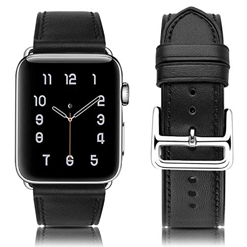 MroTech Bracelet Compatible avec 42mm 44mm Bracelet en Cuir véritable, Bande de Montre pour Homme Femme Bracelets de Remplacement pour Smartwatch Série 5 4 3 2 1 (42/44 mm, Noir) Cover