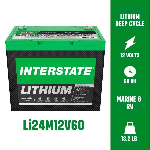 Image of Interstate Batteries 12V 60Ah LiFePO4 Marine Battery, Group 24M, Deep Cycle