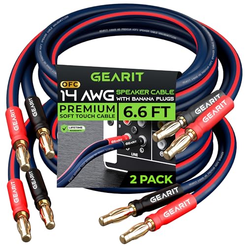 GEARit 14 AWG Speaker Cable Wire with Banana Plugs (2 Pack, 6.6 Feet - 2 Meter) 14Ga Gauge Banana Wire for Bi-Wire Bi-Amp HiFi Surround Sound - 99.9% OFC Copper, Gold Plated Tips - Navy, 6 Ft