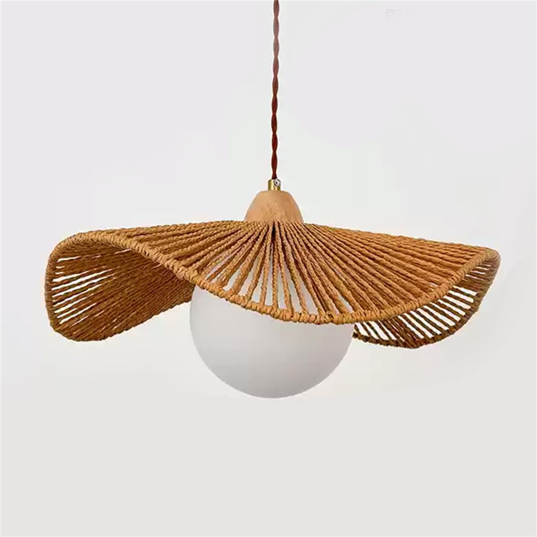 LYMSXAZOU Hand-Woven Hemp Rope Lampshade 19.7in Farmhouse Rattan Chandelier Boho Ceiling Pendant Light Fixtures for Bedroom Living Room Dining Kitchen with Adjustable Cord