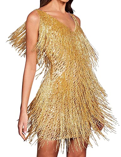 houstil Women 1920s Sequin Dress V Neck Flapper Gatsby Homecoming Dresses Fringe Wedding Club Party Evening Gown