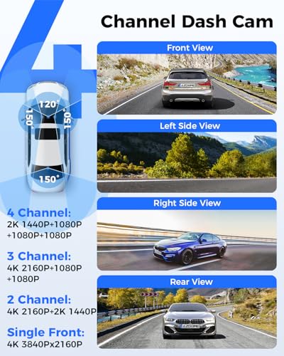 AZDOME 360 4 Channel Dash Cam Front and Rear Inside, Built-in 128GB eMMC, 2K+1080P*3 Dashcam, Left Right, Voice Control, 5G WiFi Dash Camera for Cars with 4 Adjustable Lenses, IR Night Vision, M660 - image 2